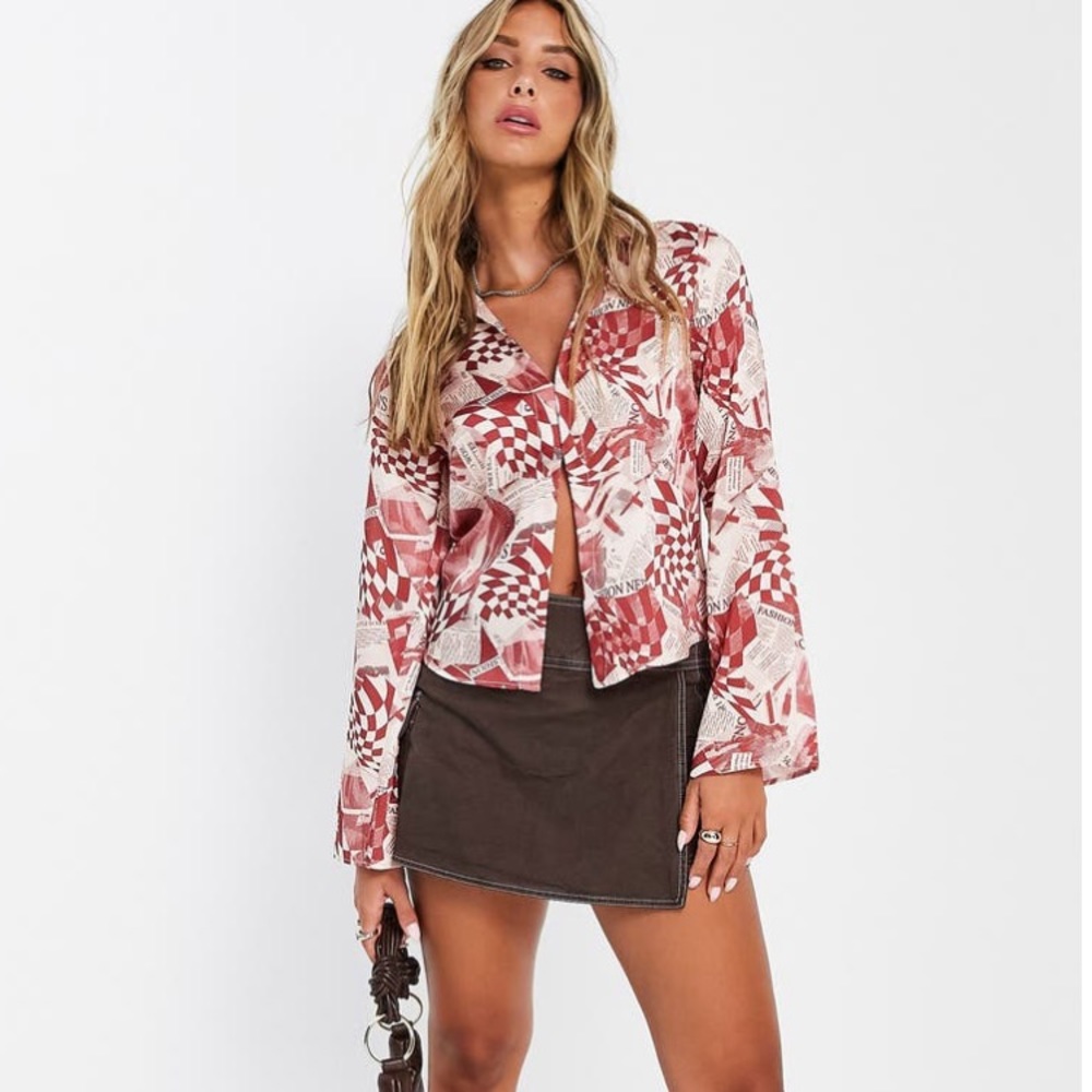 Topshop Red Newspaper Print Blouse